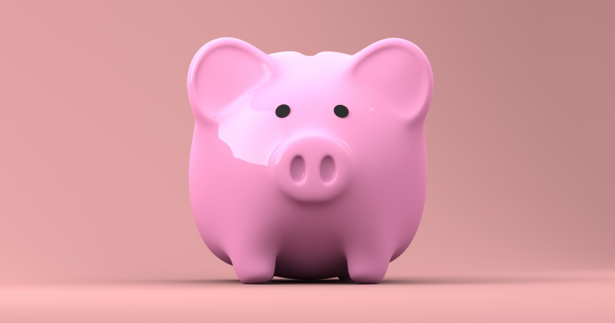 An extremely pink piggy bank looking toward the viewer