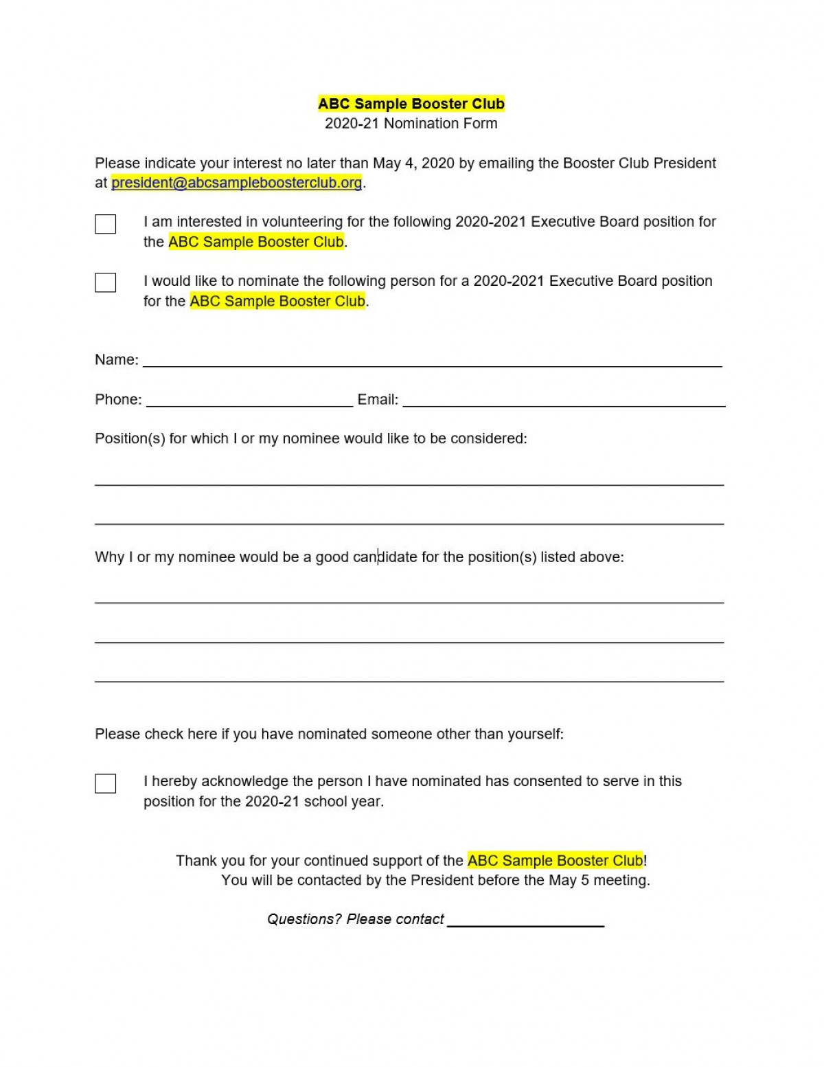 Sample Board Nomination Form  Parent Booster USA