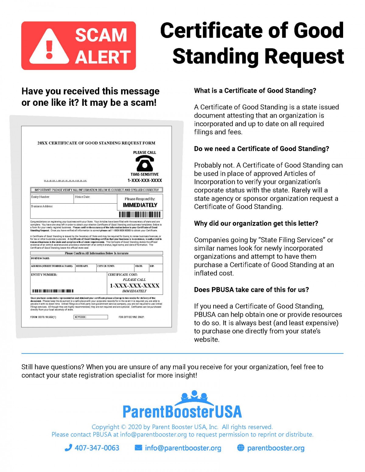 PBUSA Scam Alert Certificate Of Good Standing Request 