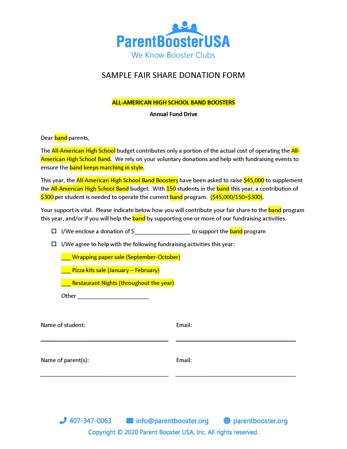 Sample Fair Share Donation Form Parent Booster USA Sample Fair Share Donation Form Parent Booster USA