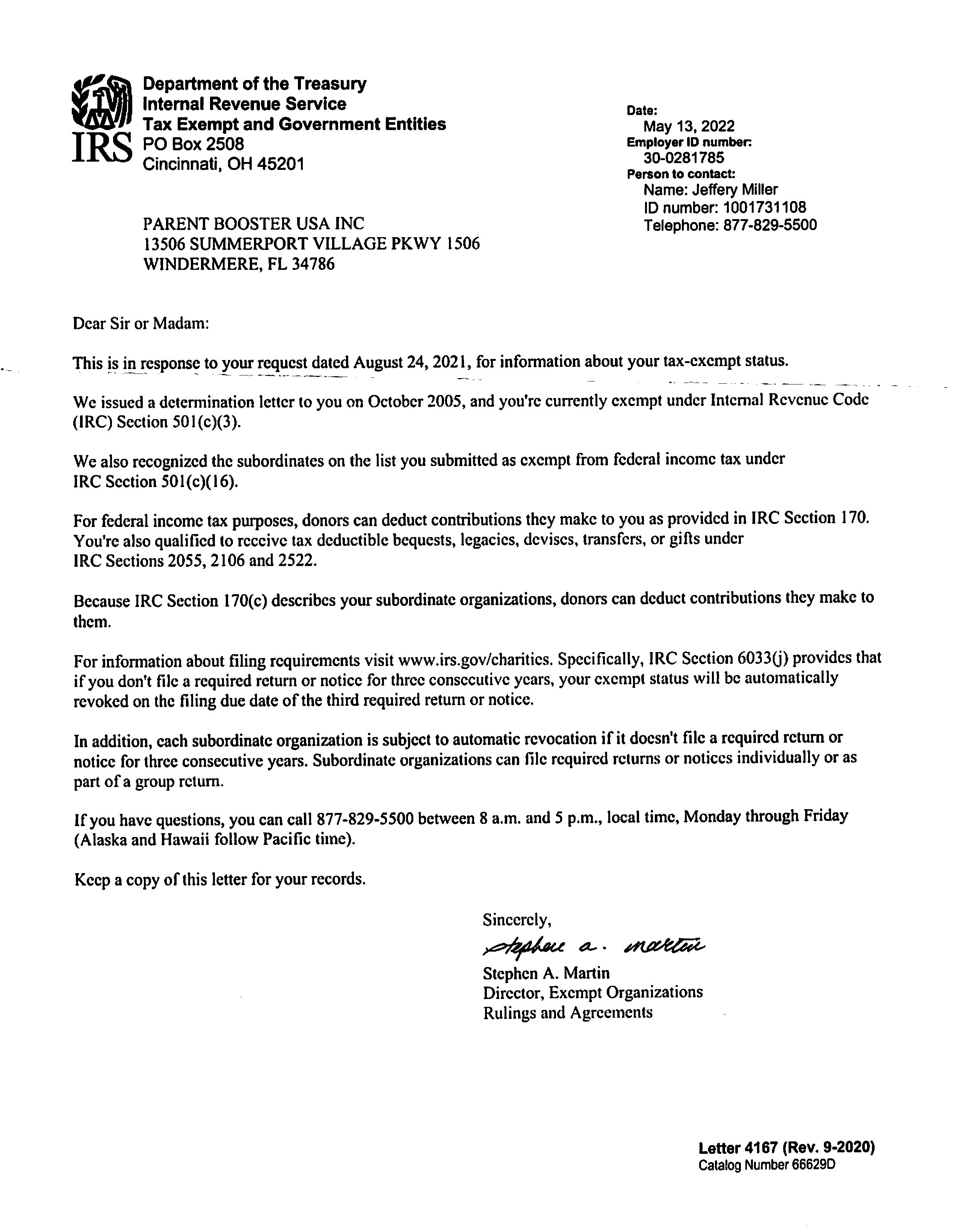 223(c)(23) IRS Affirmation Letter  Parent Booster USA